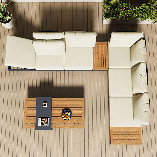 Conjunto de sofá seccional moderno para exterior - Ajustable + Olefina + Teca + Aluminio + conjunto completo