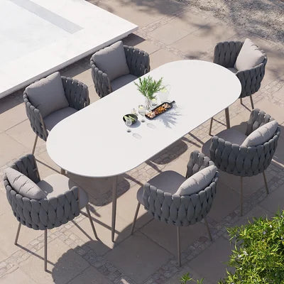 Rove - Juego de comedor moderno - Estructura de aluminio de alta calidad, estructura de cuerda sintética de primera calidad, cojín resistente a la intemperie