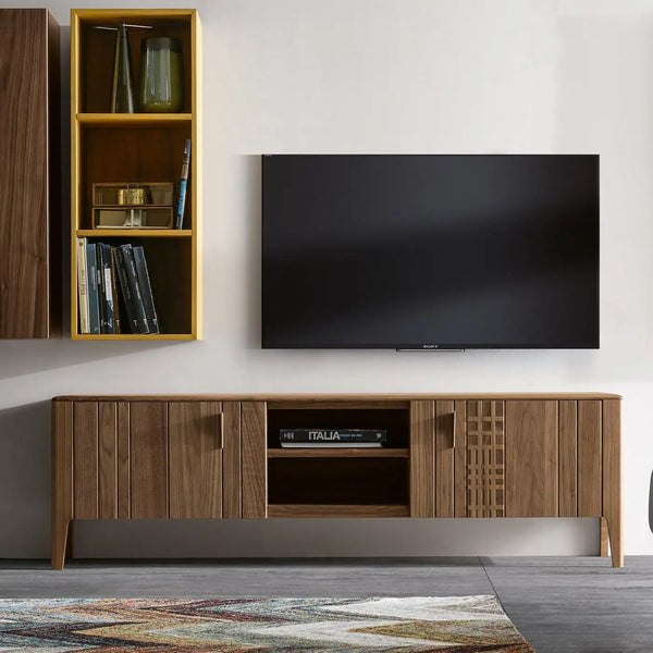 Consola multimedia moderna: almacenamiento escultural y madera maciza