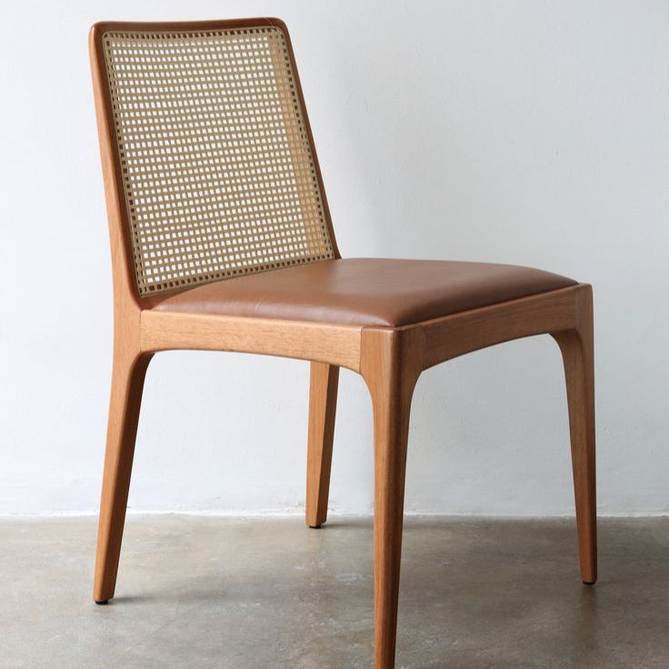 Sedia da pranzo con schienale in canna in stile moderno di metà secolo - Struttura in legno massello con rattan intrecciato a mano