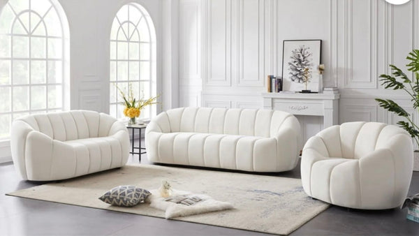 Conjunto de sofá moderno Elijah de terciopelo blanco roto con capitoné blanco - Colección de muebles de salón de terciopelo lujoso