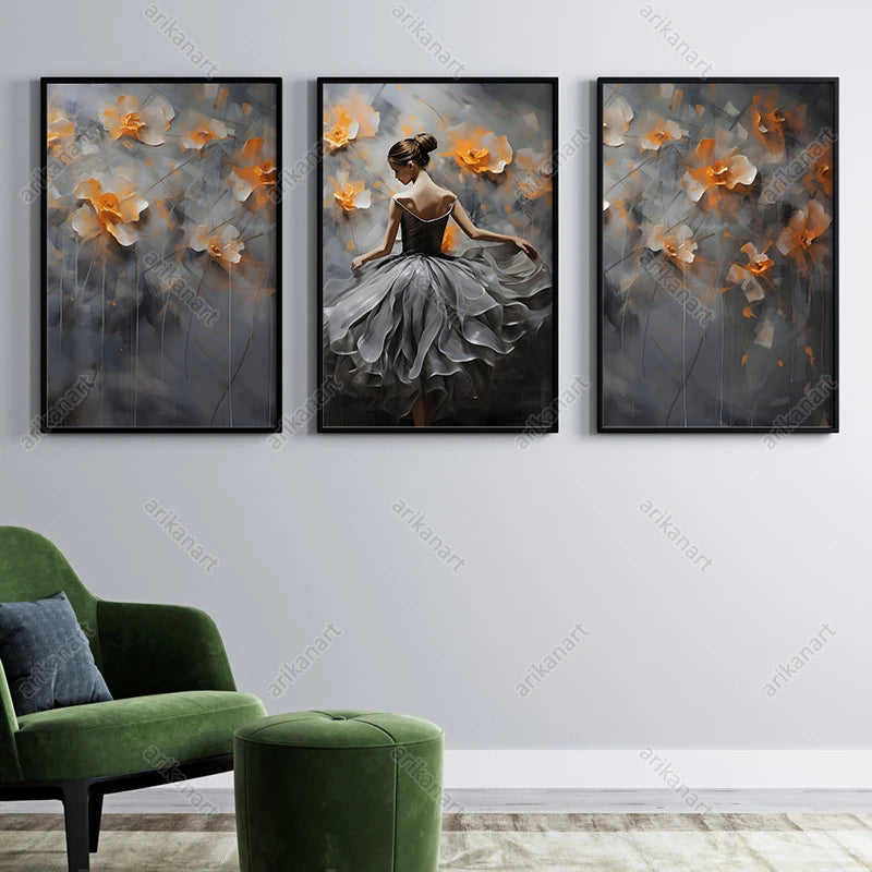 3-piece ballet dancer wall art set abstract floral canvas prints black frames full gallery view