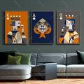 3-piece playing card wall art set King Queen Ace of Spades abstract geometric prints in wooden frames