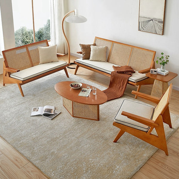 Conjunto de sala de estar moderno de mediados de siglo: conjunto completo + madera maciza + ratán natural