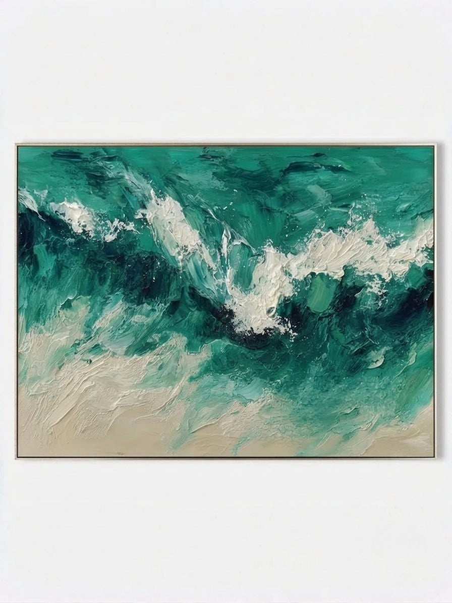 3D Emerald Teal Ocean Waves Heavy Textured Wall Art