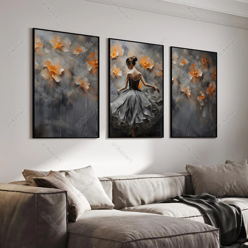 Set di 3 quadri da parete con ballerina - Stampe su tela moderne con ballerina astratta e motivi floreali