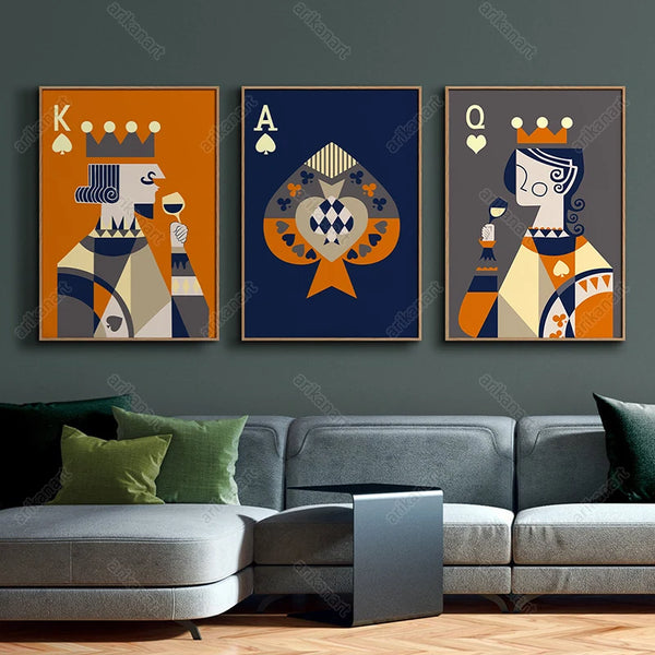 Juego de 3 piezas de arte mural de naipes modernos: impresiones abstractas de rey, reina y as de picas
