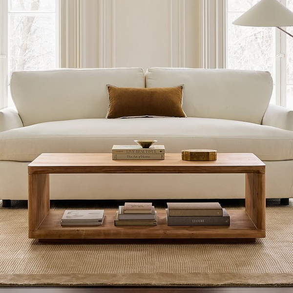 Mesa de centro moderna de madera maciza con marco abierto: pieza central rectangular minimalista para sala de estar