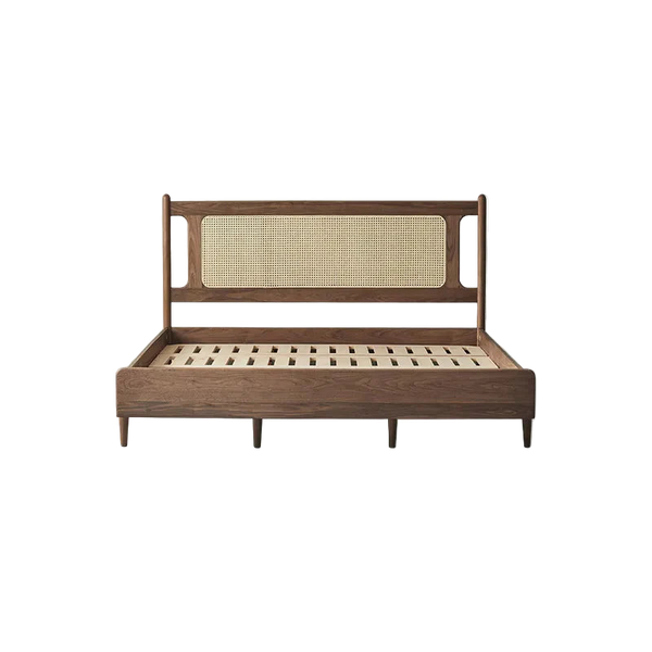 Mid-Century Modern Cane Panel Bed – Solid Wood Frame with Handwoven Headboard
