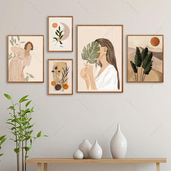 Juego de 5 piezas de arte de pared bohemio: impresiones botánicas y abstractas minimalistas en tonos tierra