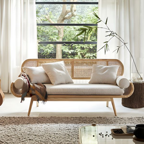 Sofá cama de ratán y madera de mediados de siglo: estructura escultural con acabado natural