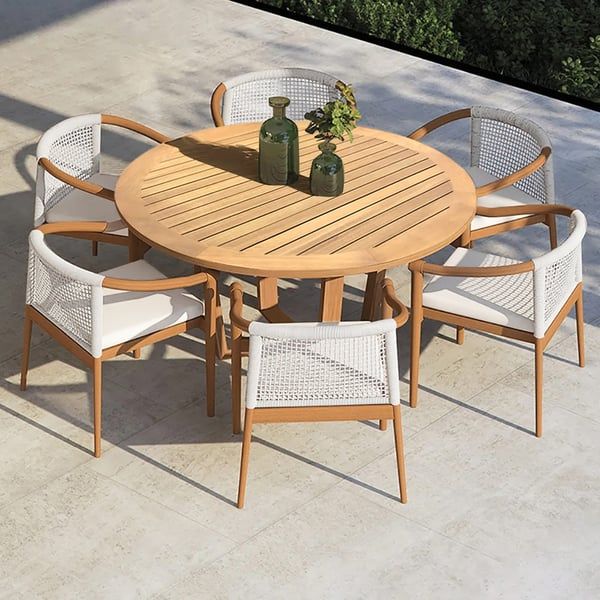 Juego de comedor moderno para exterior: elegancia contemporánea + teca maciza + cuerda de olefina + resistente a la intemperie