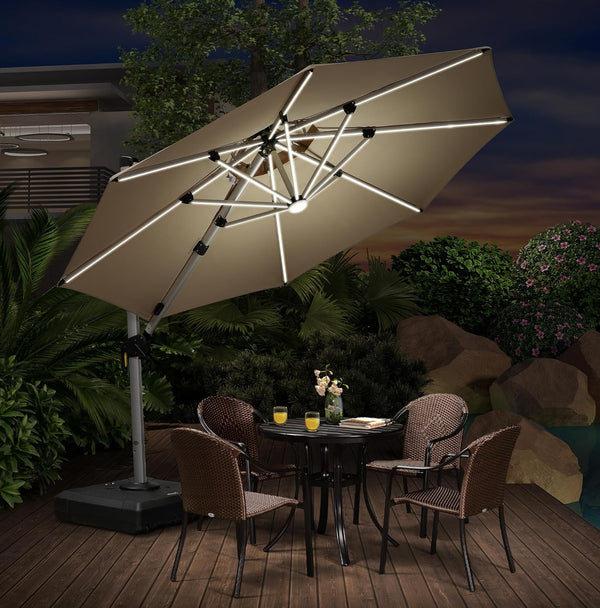 Sombrilla de patio moderna con voladizo e iluminación LED integrada: sombra sin esfuerzo para espacios exteriores contemporáneos + iluminación LED