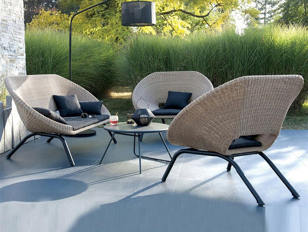 Moderno conjunto de salón de aluminio y ratán sintético: sofá de exterior de 3 piezas, sillón y mesa de centro