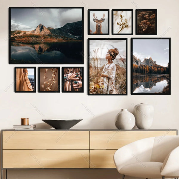 Juego de 9 piezas de arte de pared bohemio con motivos naturales: impresiones de galería de paisajes rústicos, vida silvestre y botánica