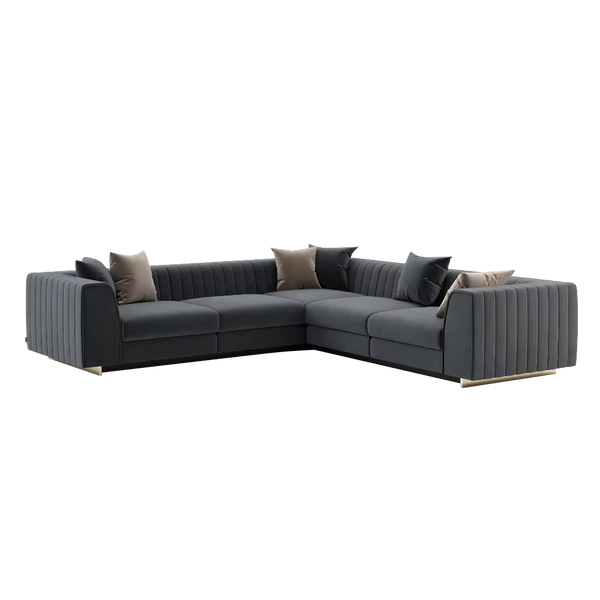 Sofá seccional moderno de terciopelo: sofá de felpa en forma de L con capitoné y cojines decorativos.