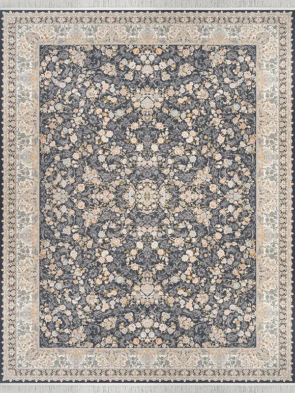 Alfombra persa con medallón floral ornamentado en tonos carbón y beige
