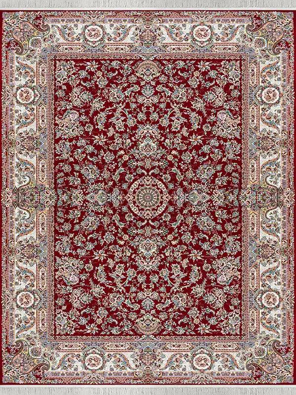 Alfombra persa roja con medallón floral ornamentado y borde clásico color marfil.