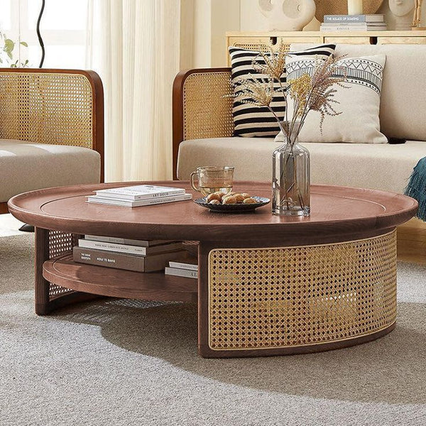 Mesa de centro moderna: almacenamiento escultural + madera maciza + ratán natural