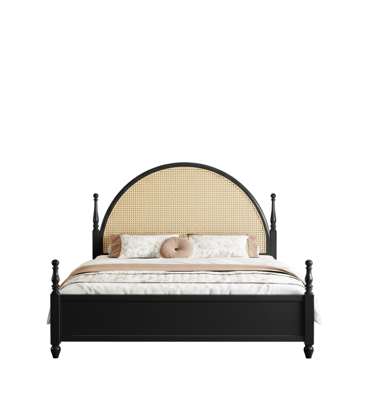Bed with black frame and beige woven headboard on a white background