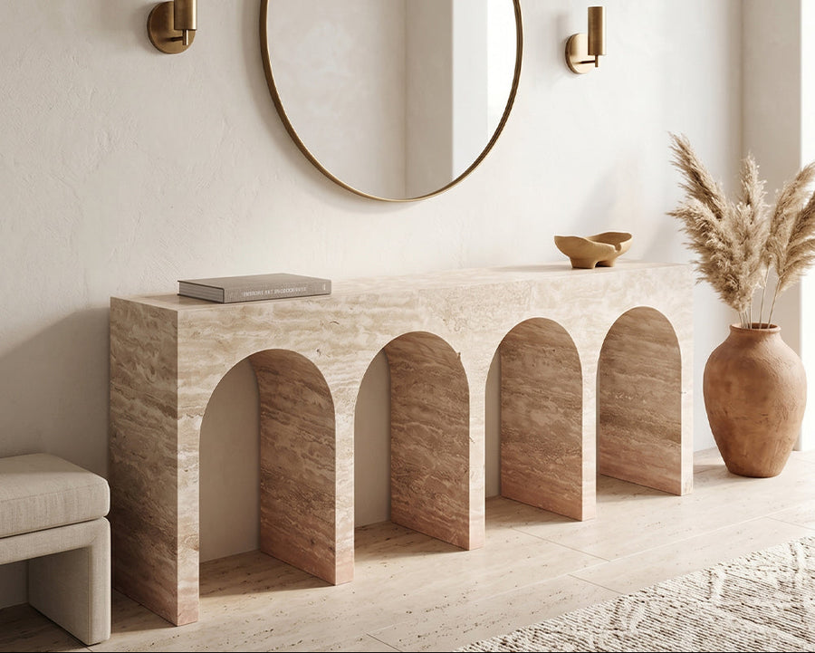 Beige Travertine Marble Console Table Four Arch Design - View 3
