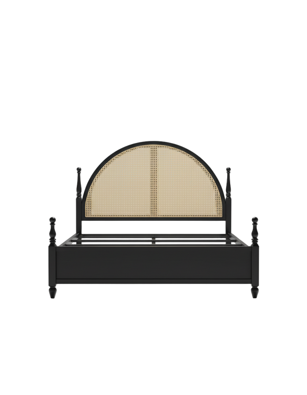 Modern Black Rattan Platform Bed – Semi-Circle Woven Headboard & Low Profile Frame