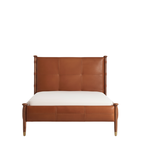 Mid-Century Modern Leather Panel Bed – Solid wood Frame with Brass-Tipped Legs