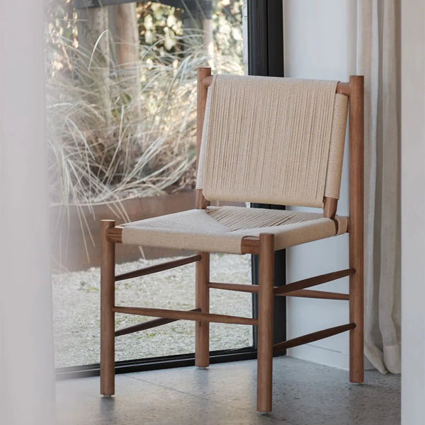 Silla nórdica de cuerda tejida: elegancia minimalista - Madera maciza + cuerda tejida a mano