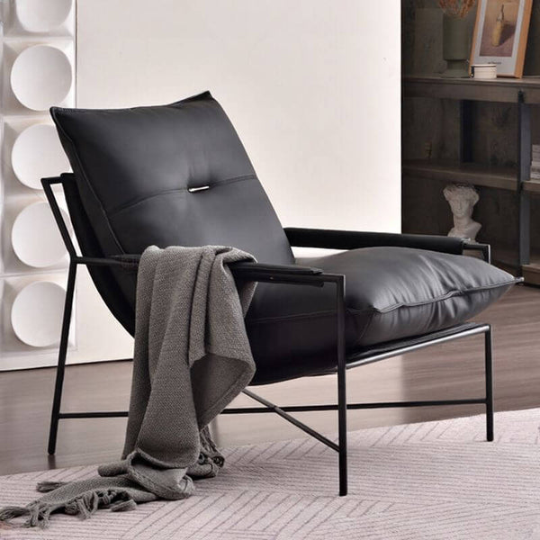 Sillón moderno de cuero negro con acento – Sillón industrial con estructura de metal