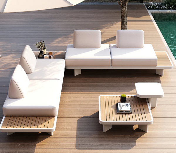 Moderno conjunto de salón de aluminio para exterior: sofá modular, sillones y mesa de centro