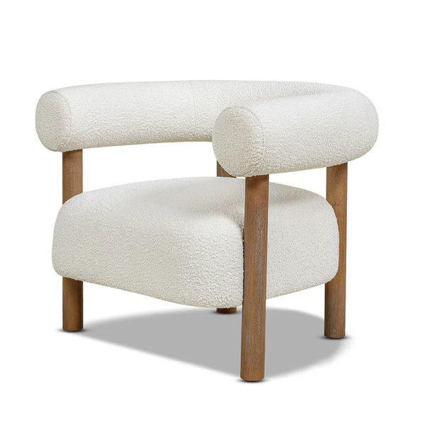 Silla decorativa moderna de barril bouclé: estructura de madera escultural y tapizado de felpa
