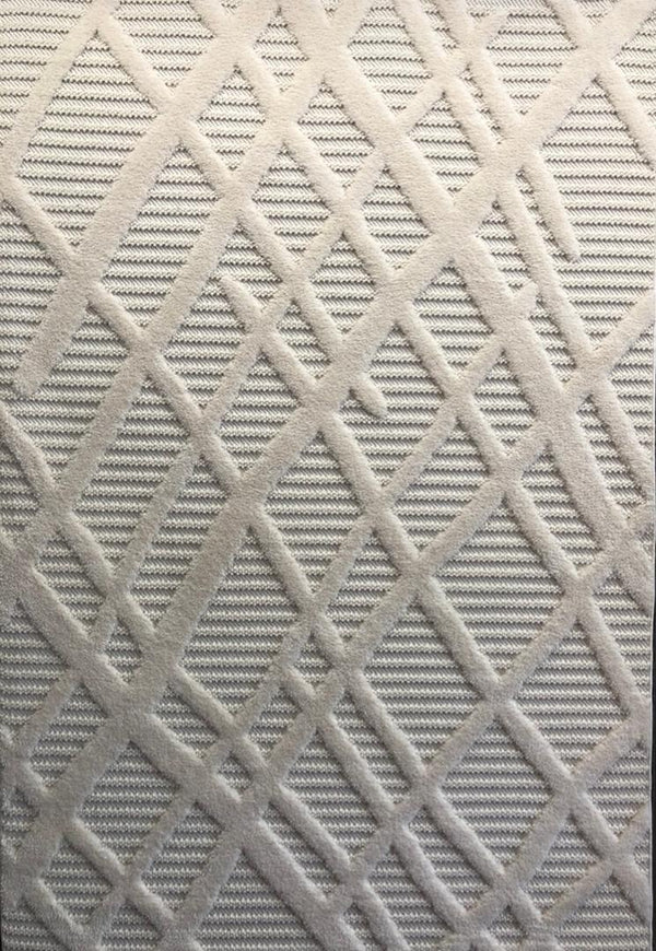 Alfombra moderna beige de pelo cortado con diseño geométrico enrejado