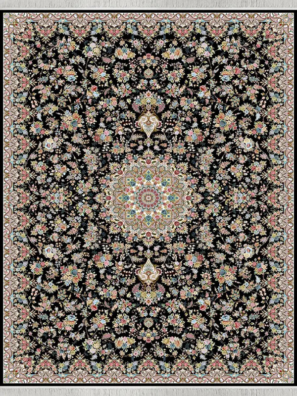 Alfombra persa azul marino Delshad: medallón floral ornamentado con borde clásico