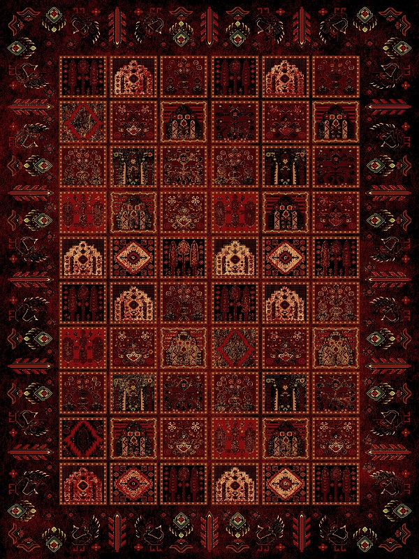 Alfombra persa vintage con paneles: alfombra geométrica adornada en rojo y dorado con motivos tradicionales