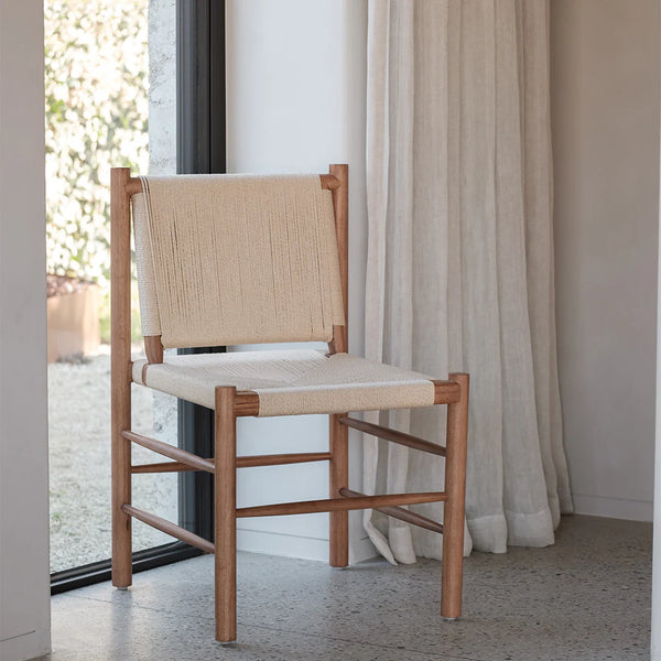 Silla nórdica de cuerda tejida: elegancia minimalista - Madera maciza + cuerda tejida a mano