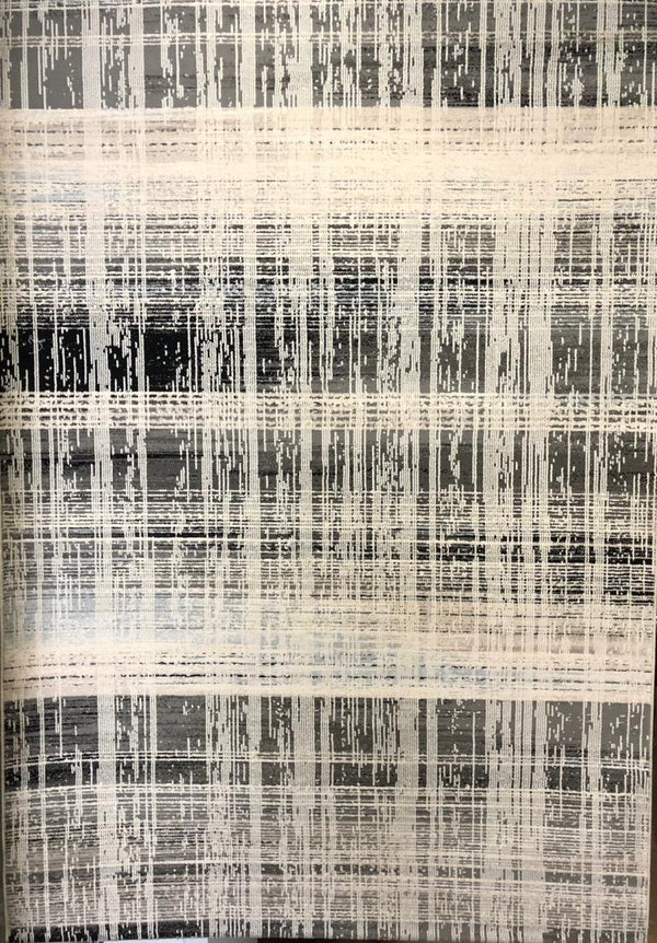 Alfombra moderna de cuadros abstractos: patrón lineal en gris neutro y marfil