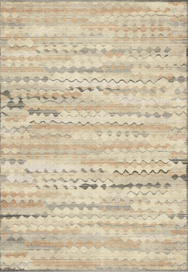 Alfombra abstracta moderna con rayas onduladas en tonos beige, gris y topo neutros