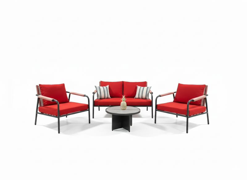 Modern aluminium outdoor lounge set with sofa, 2 chairs and coffee table