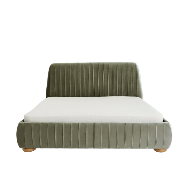 Modern Channel Tufted Velvet Bed – Sage Green Upholstered Platform with Rounded Wood Feet