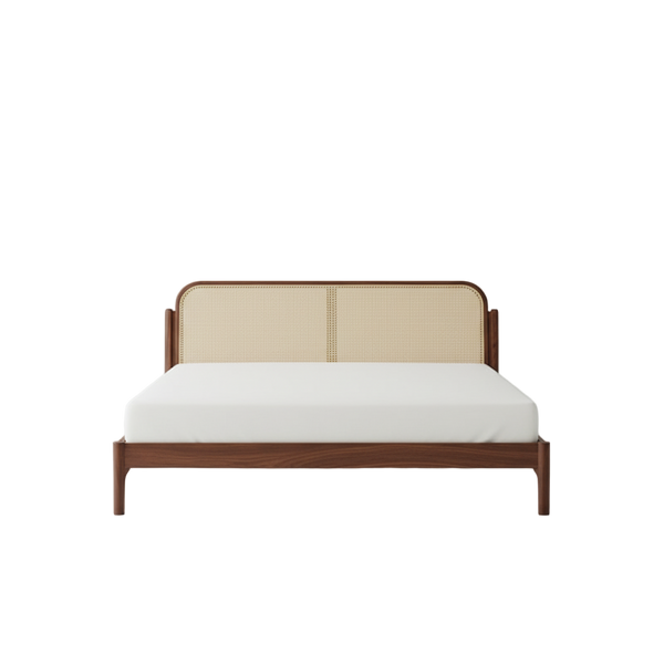 Mid-Century Modern Rattan Panel Bed – Solid Wood Frame with Curved Headboard