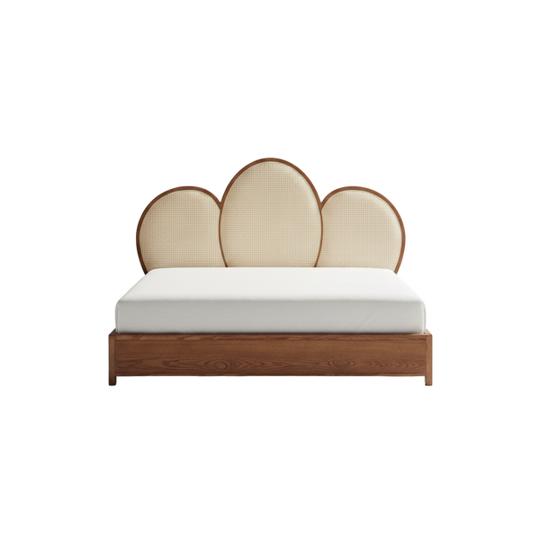 Modern Scalloped Rattan Panel Bed – Natural Wood Frame with Handwoven Headboard