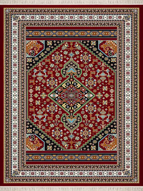 Alfombra persa roja: alfombra tradicional con medallones geométricos y bordes ornamentados