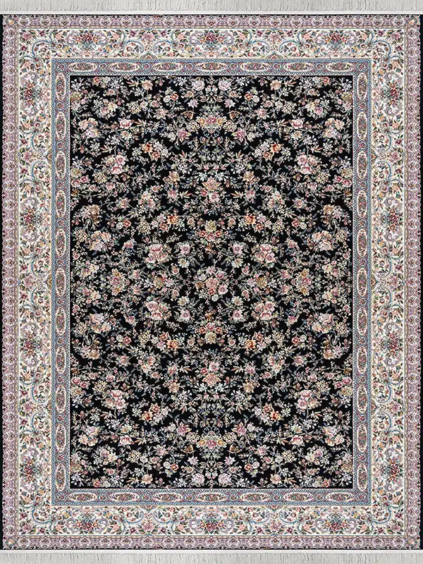 Alfombra persa azul marino: diseño floral adornado con borde clásico