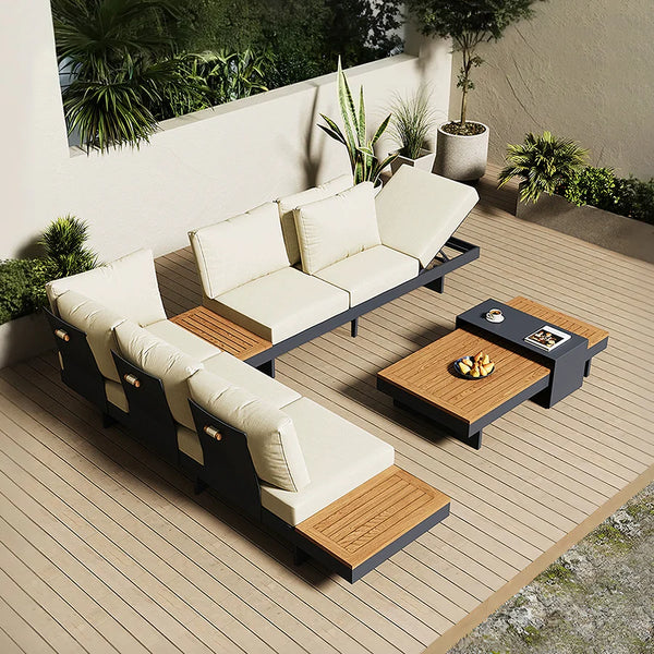 Conjunto de sofá seccional moderno para exterior - Ajustable + Olefina + Teca + Aluminio + conjunto completo