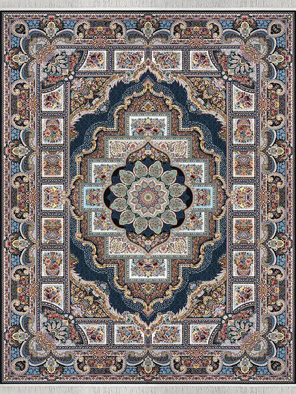 Alfombra persa vintage azul marino con medallón: alfombra floral ornamentada con borde clásico