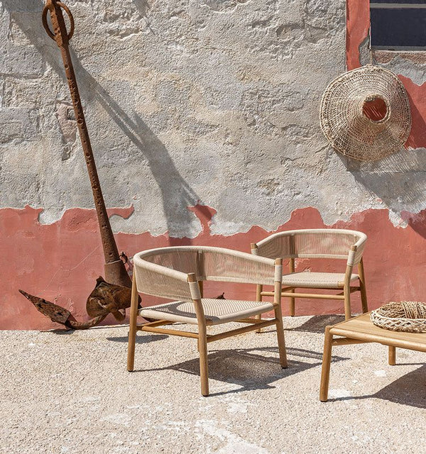 Sillón moderno de teca: sillón decorativo para exteriores de cuerda tejida a mano + teca maciza + cuerda de olefina