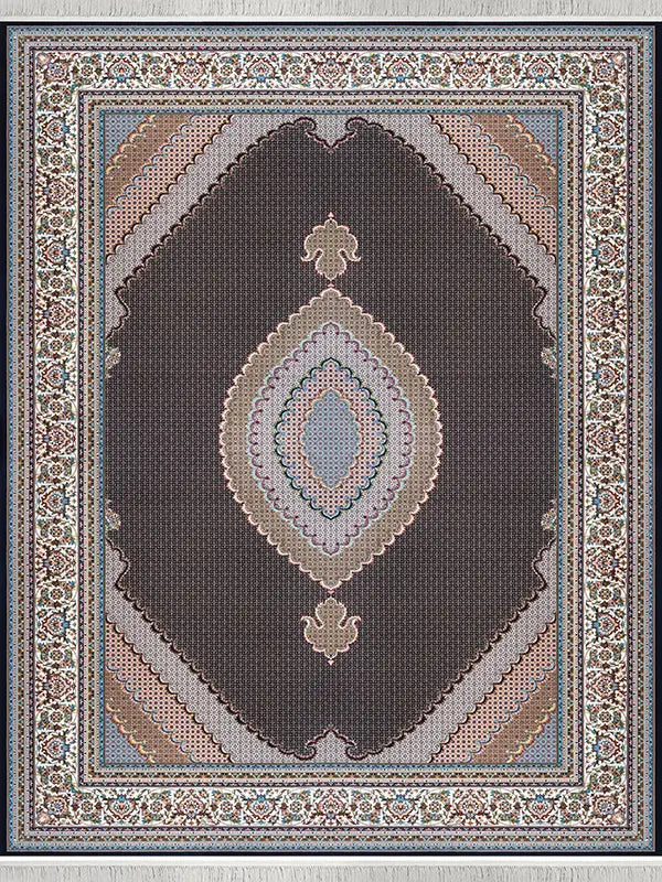 Alfombra tradicional persa: diseño de medallón ornamentado en tonos neutros