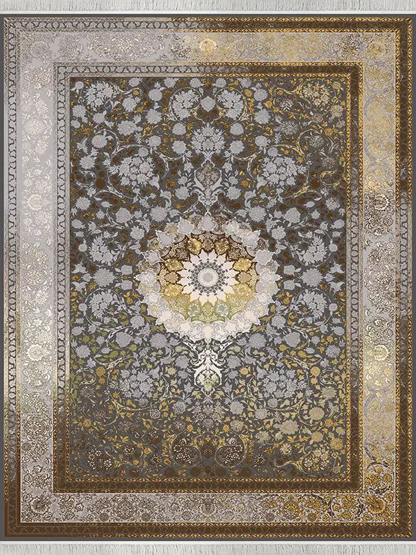 Alfombra persa moderna con medallón dorado y gris: alfombra floral ornamentada con borde degradado