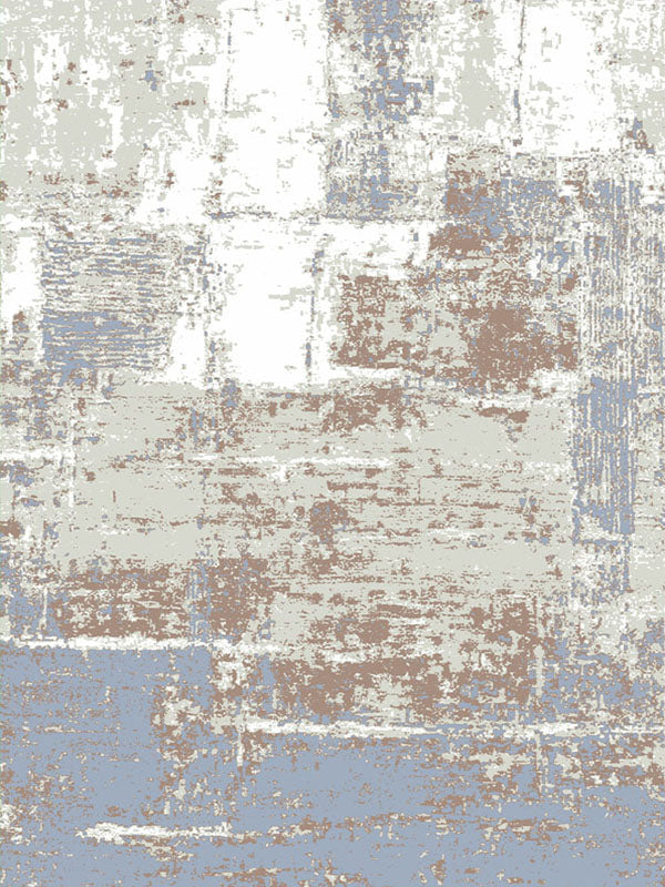 Alfombra moderna abstracta con efecto desgastado: beige neutro, azul y gris topo.