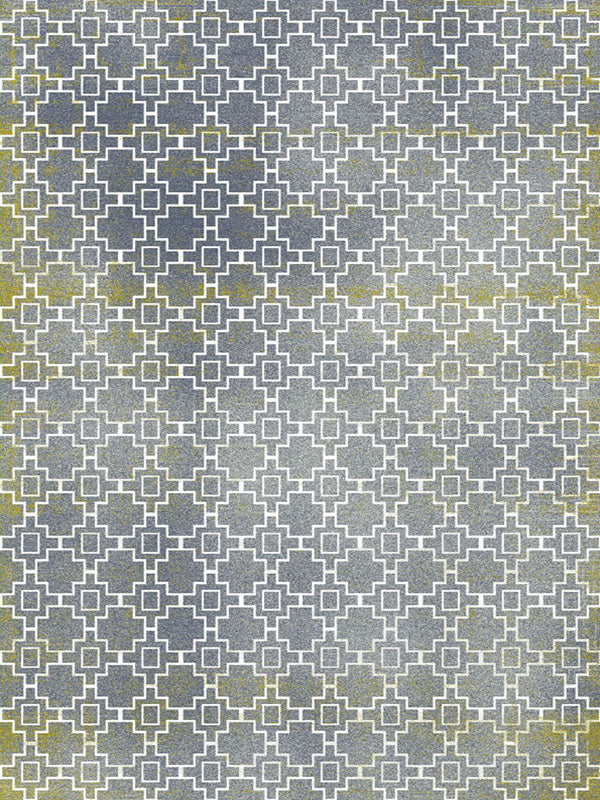 Alfombra moderna con diseño geométrico enrejado: gris desgastado y estampado dorado